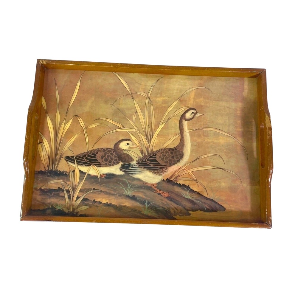 Vintage Wooden Tray‎ Geese Art Nouveau Naturalist 17x12" Mother & Duckling READ